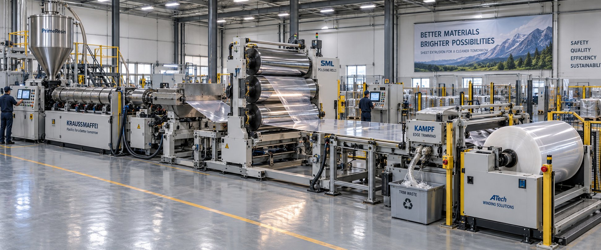complete single screw sheet extrusion line from extruder through chill roll stack to winding station