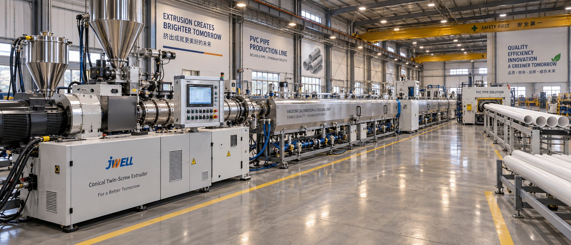 a complete pvc pipe manufacturing machine production line from extruder to finished pipe output