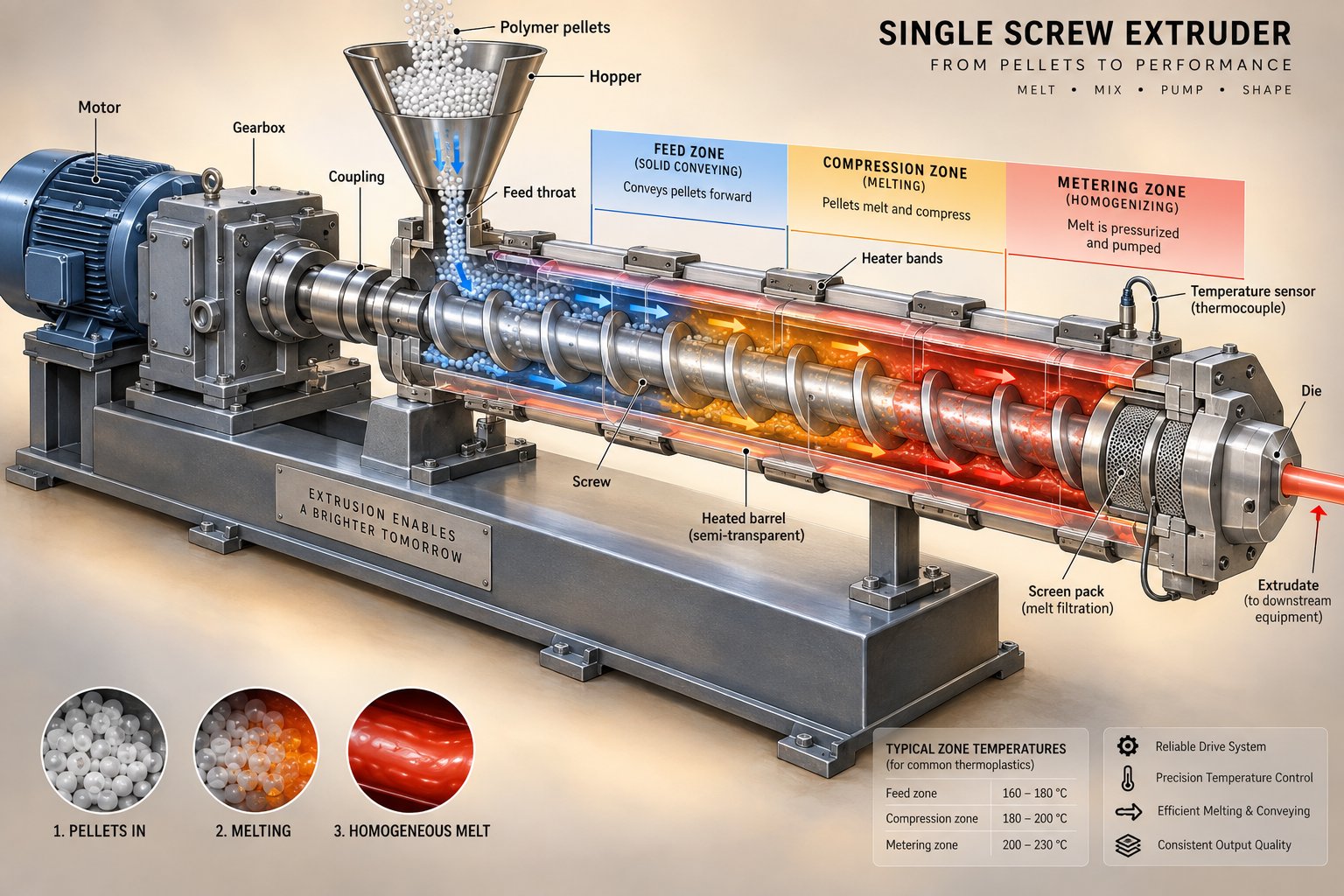cutaway view of a single screw extruder showing the hopper barrel and screw assembly