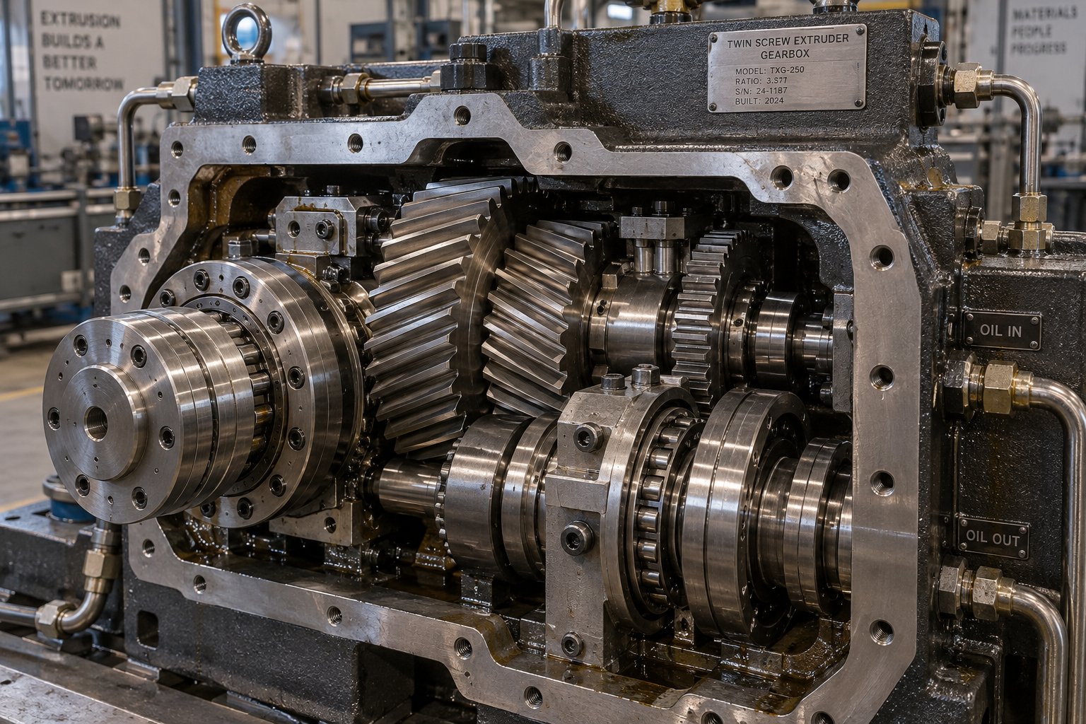 close up of a twin screw extruder gearbox showing precision gears and bearing assemblies a key indicator of manufacturer engineering quality