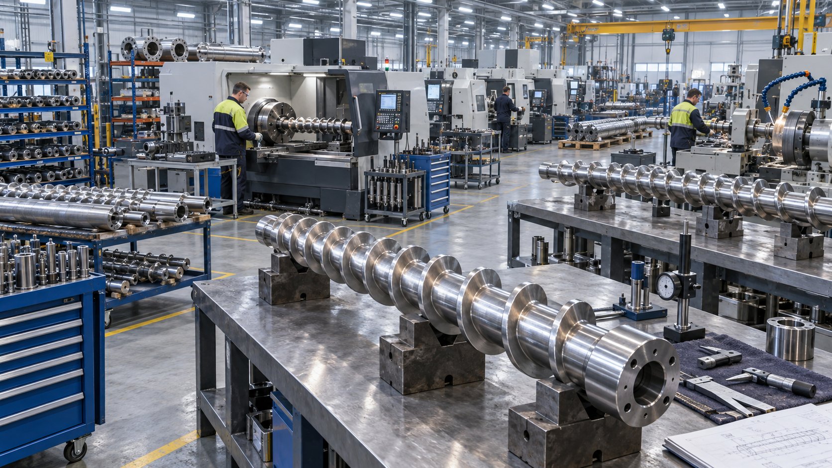 inside a screw barrel manufacturing facility with cnc machining centers producing custom extruder screws and barrels