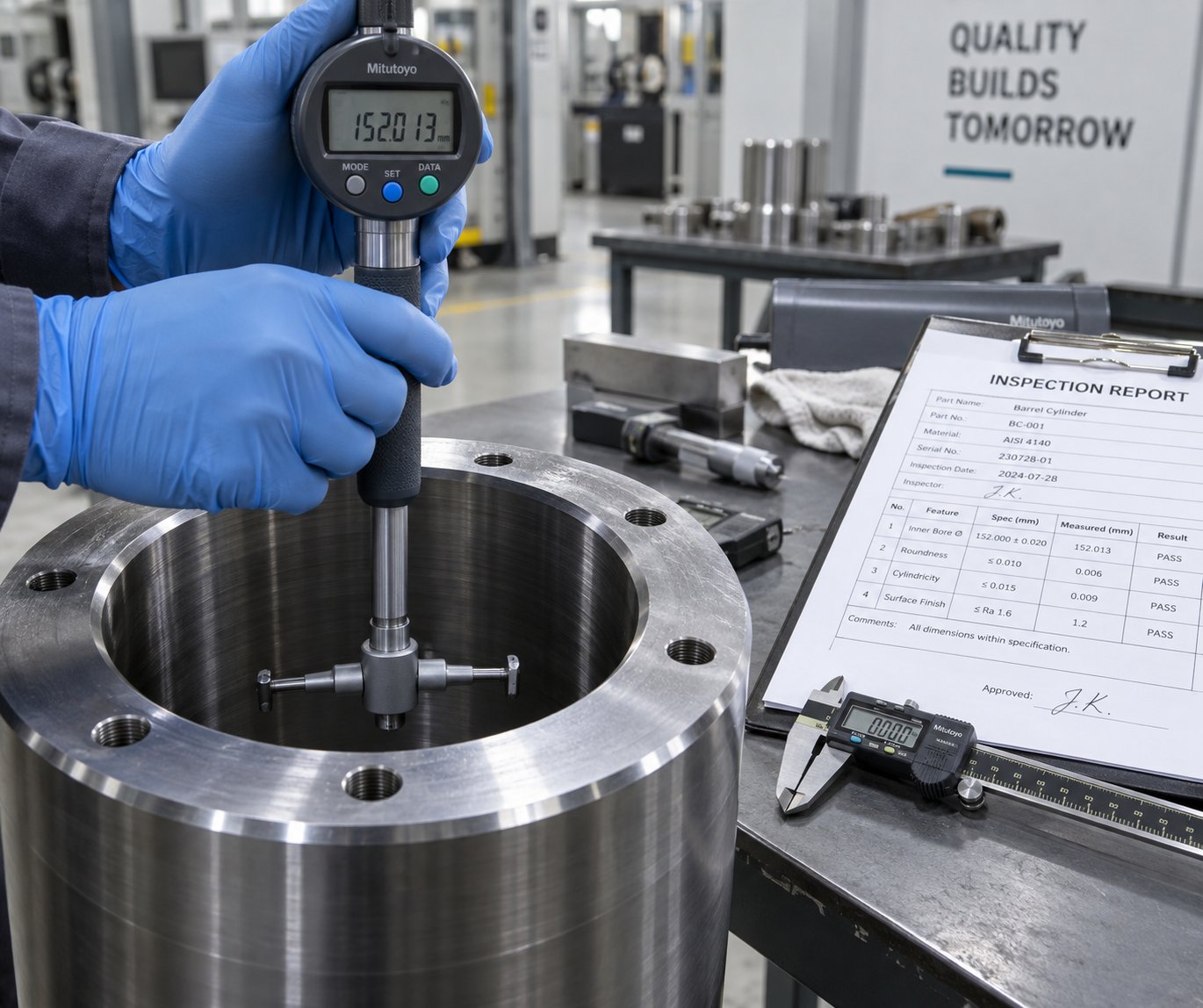 dimensional inspection of a barrel bore ensures that replacement screw barrels meet precise tolerance requirements before installation
