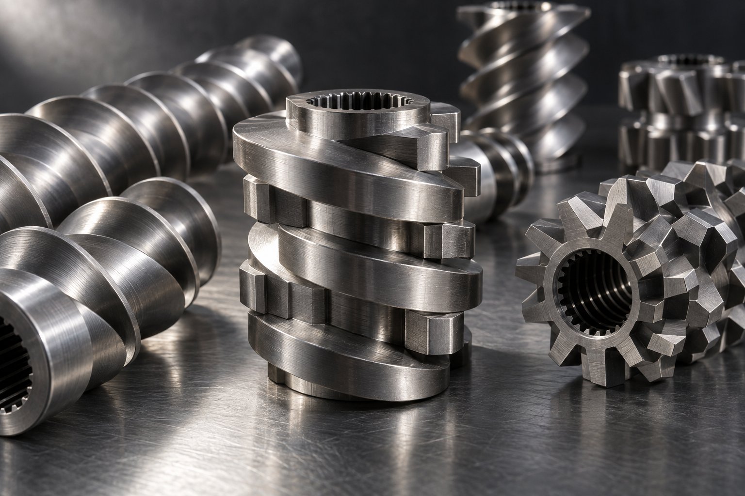 modular screw elements for twin screw compounding including conveying flights kneading blocks and mixing elements