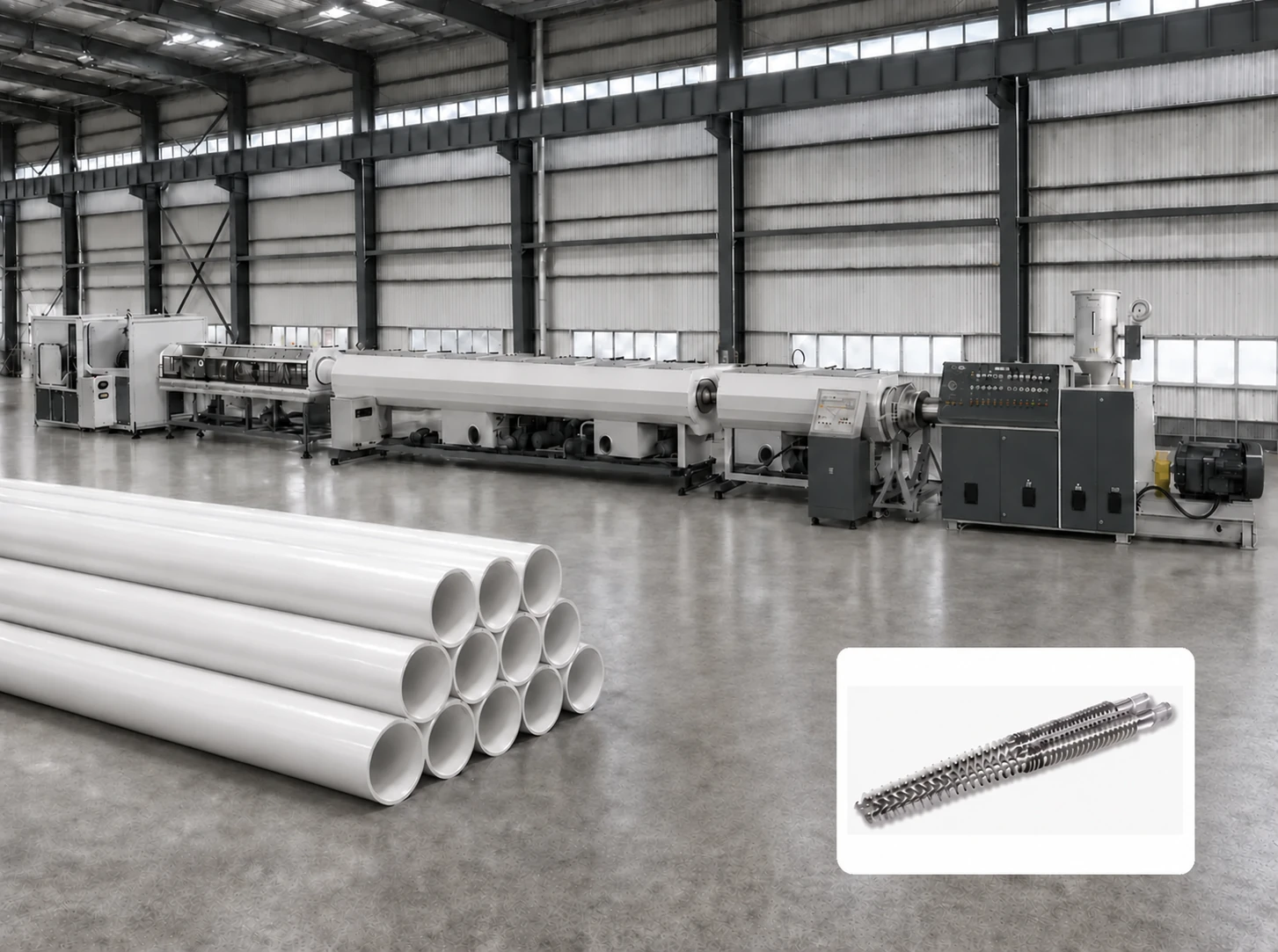 PVC pipe extrusion line with finished white PVC pipes and a conical twin screw barrel assembly