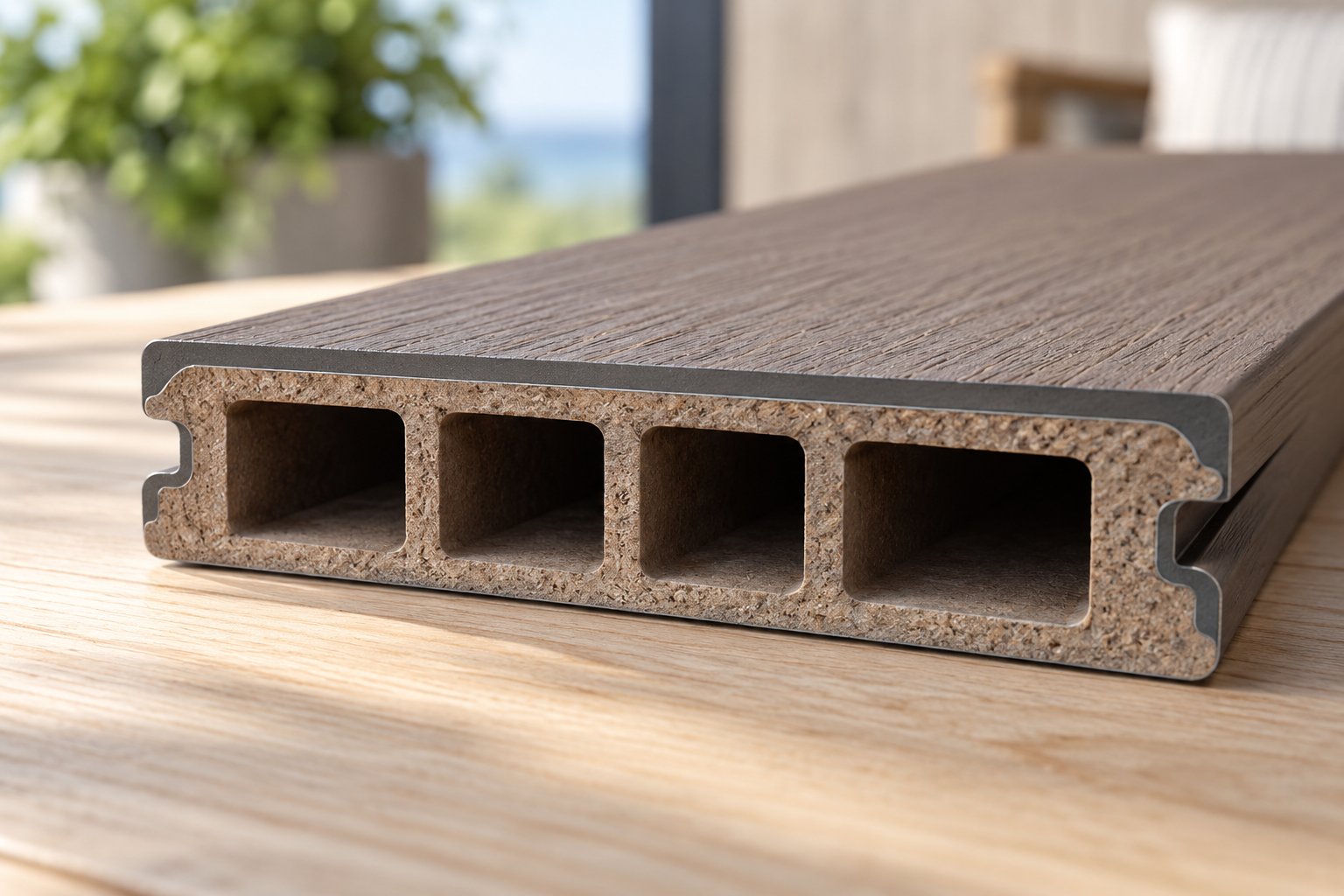 cross section of a co extruded wpc decking board showing the protective polymer cap layer bonded over the wood plastic composite core