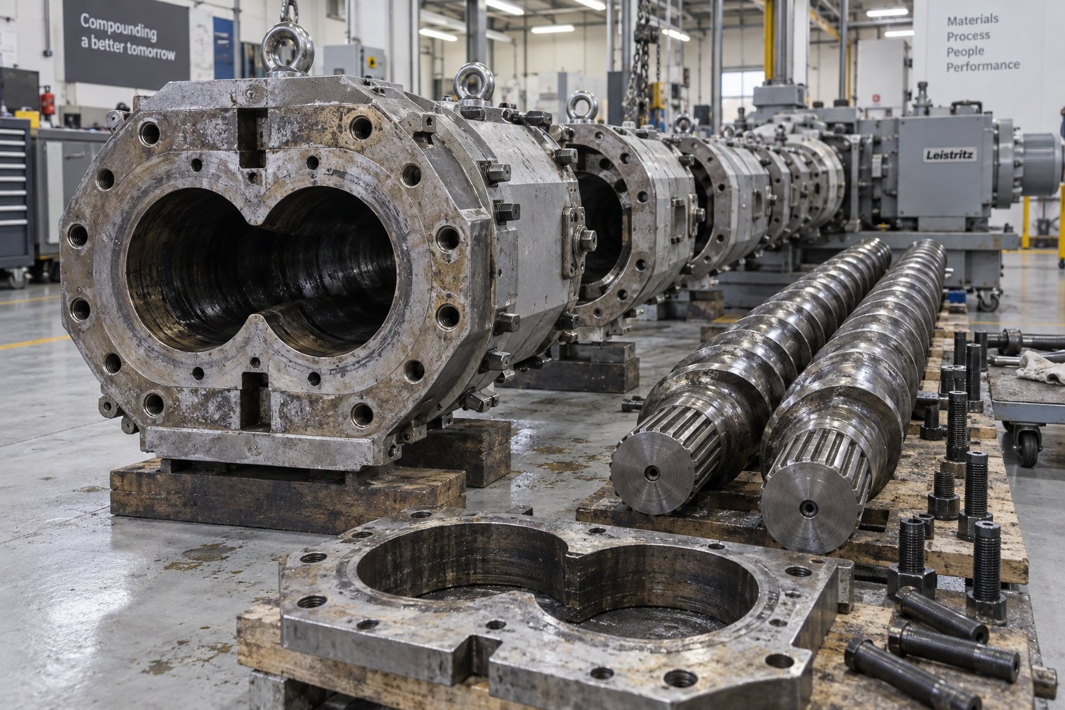 segmented twin screw barrel construction allows zone specific lining materials to match varying wear conditions along the extruder length