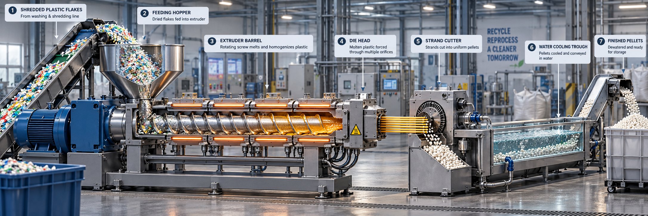 complete pelletizing workflow from shredded plastic input through extrusion die cutting and cooling to finished pellets