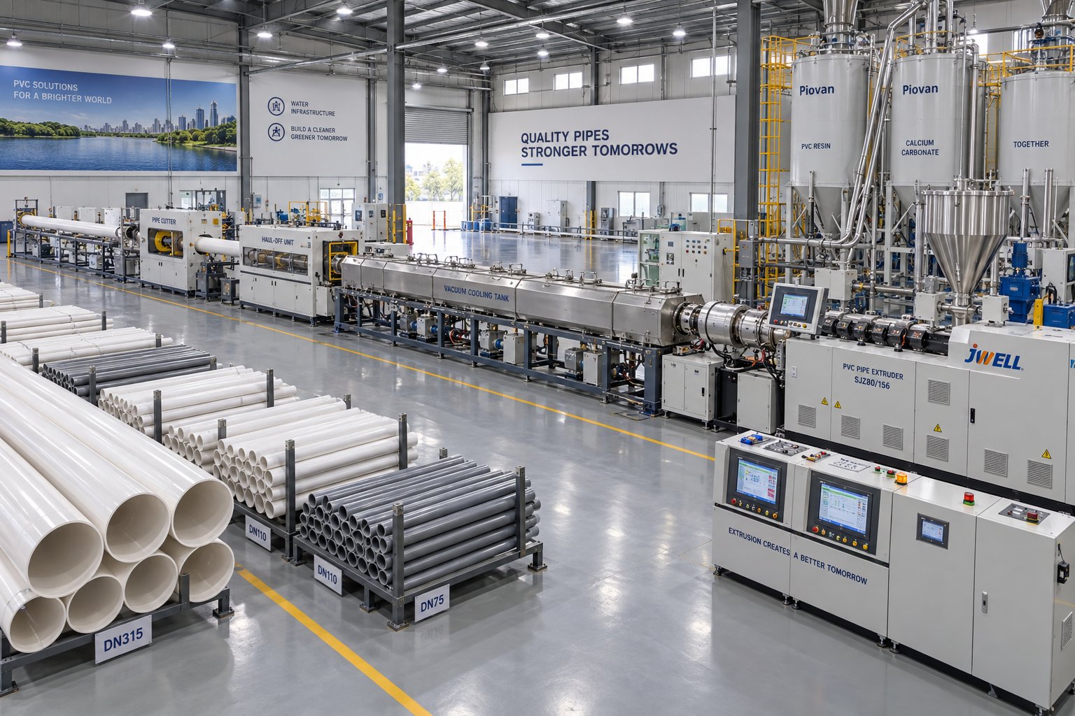 a fully installed pvc pipe production line ready for commissioning in a modern factory facility