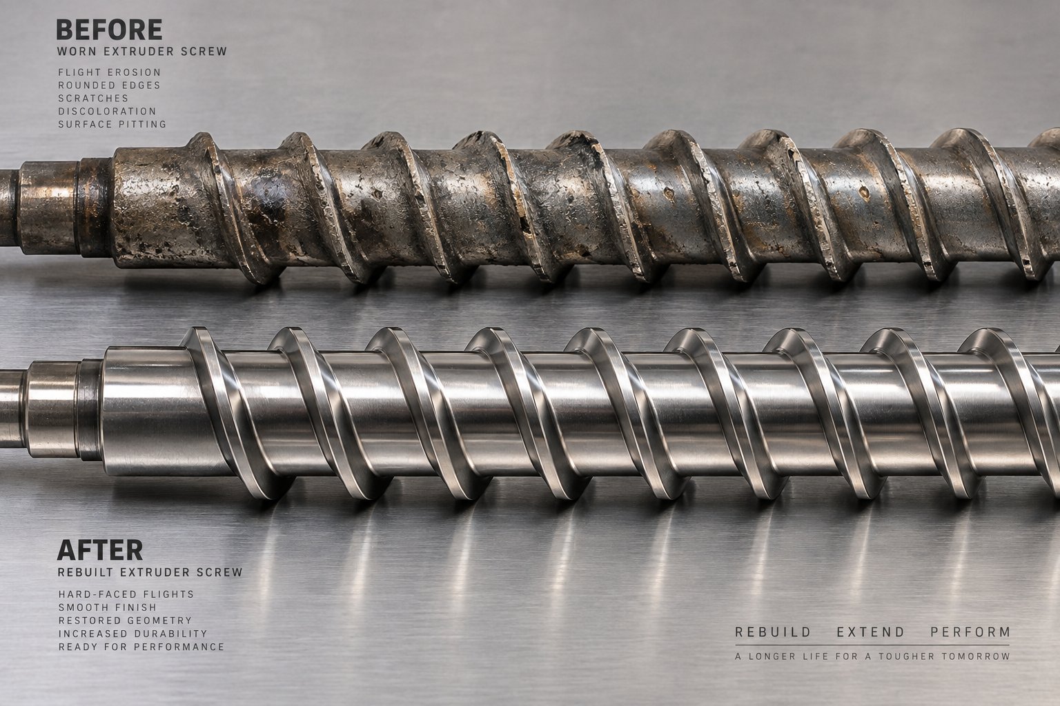 worn extruder screw compared with a fully rebuilt unit showing restored flight surfaces