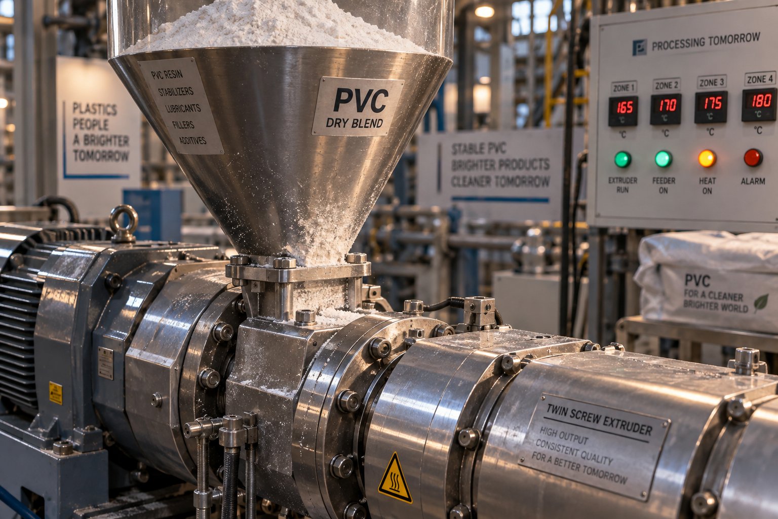 pvc dry blend entering a conical twin screw extruder hopper at the start of the profile extrusion process