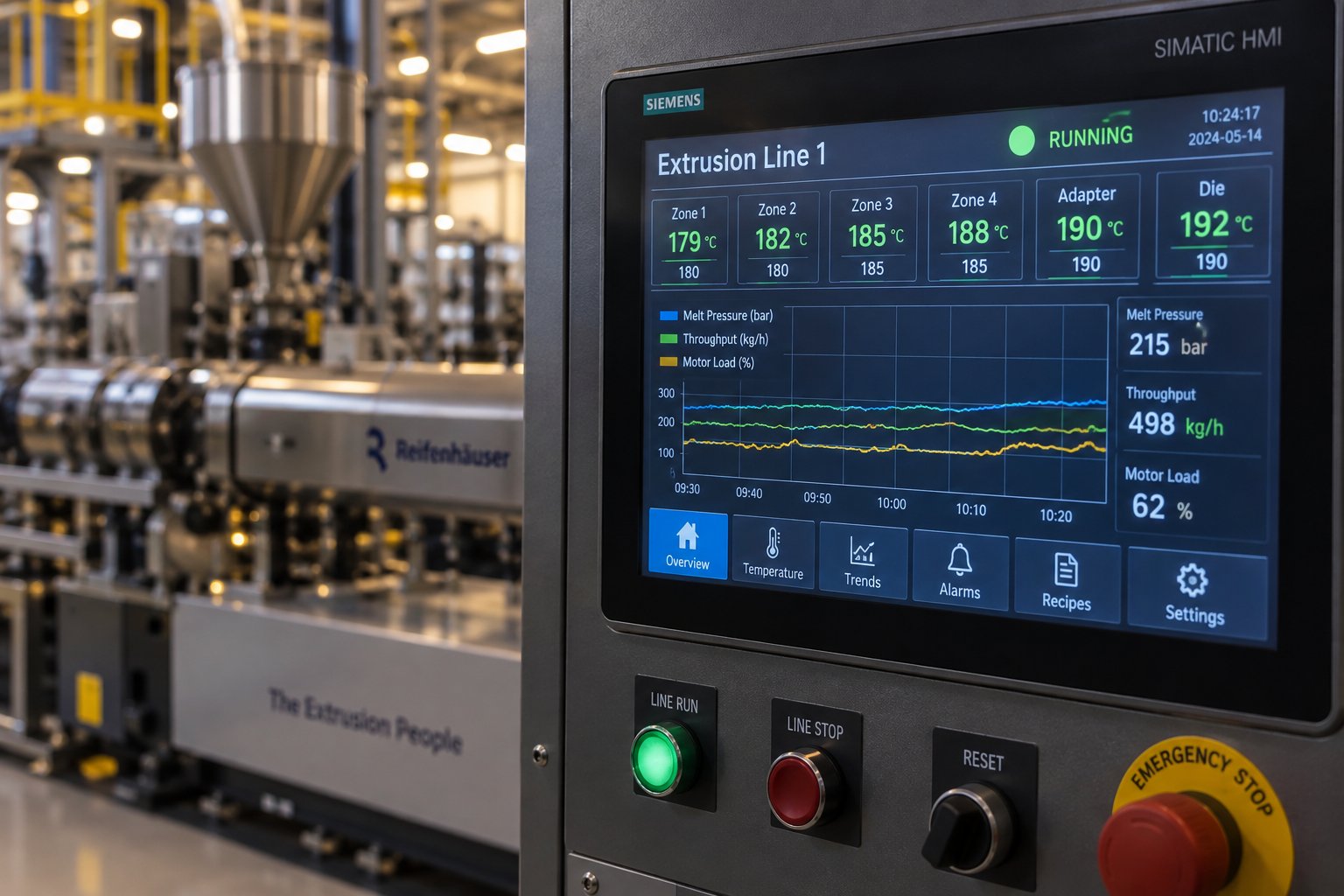 an hmi touchscreen displaying real time process data on a modern extrusion line