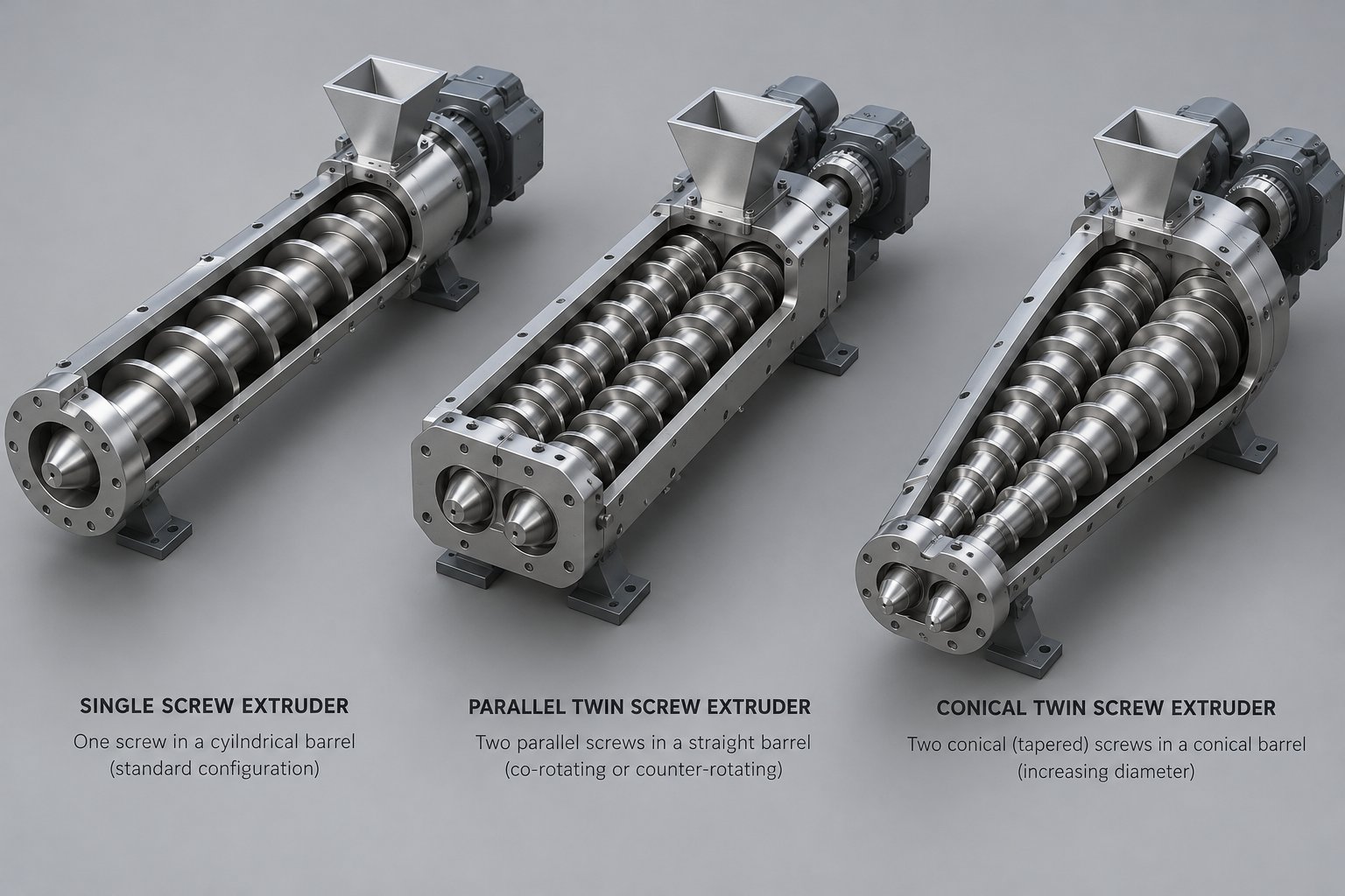 three screw barrel configurations used in pvc pipe extrusion single parallel twin and conical twin