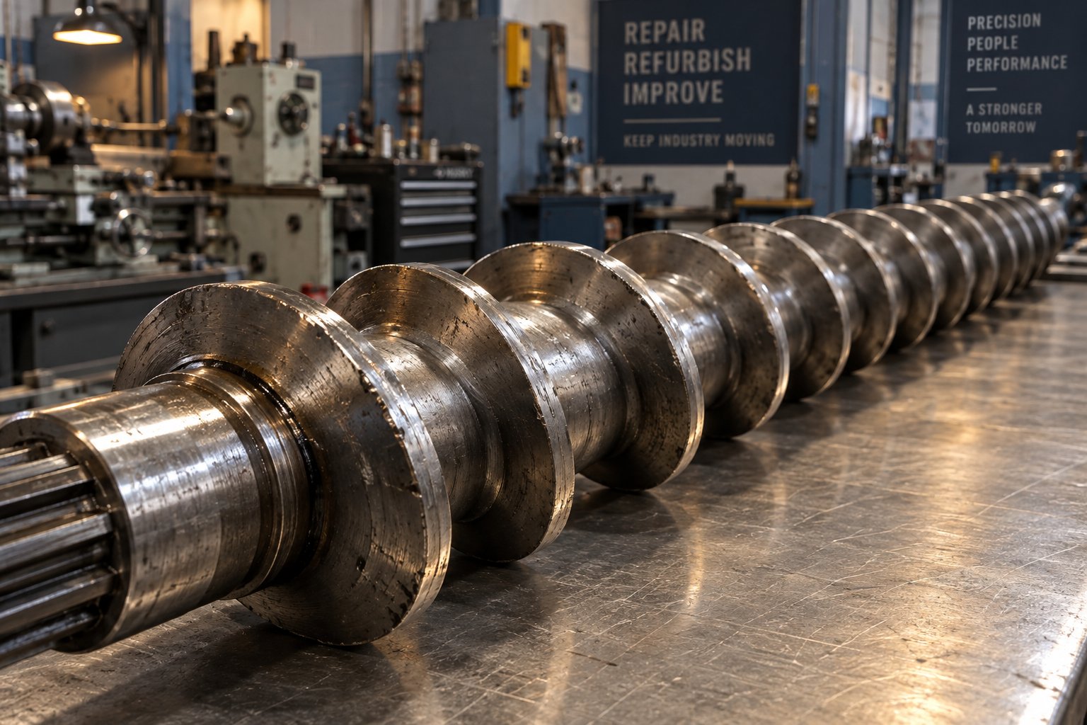 a worn extruder screw awaiting inspection and repair at a professional machining facility