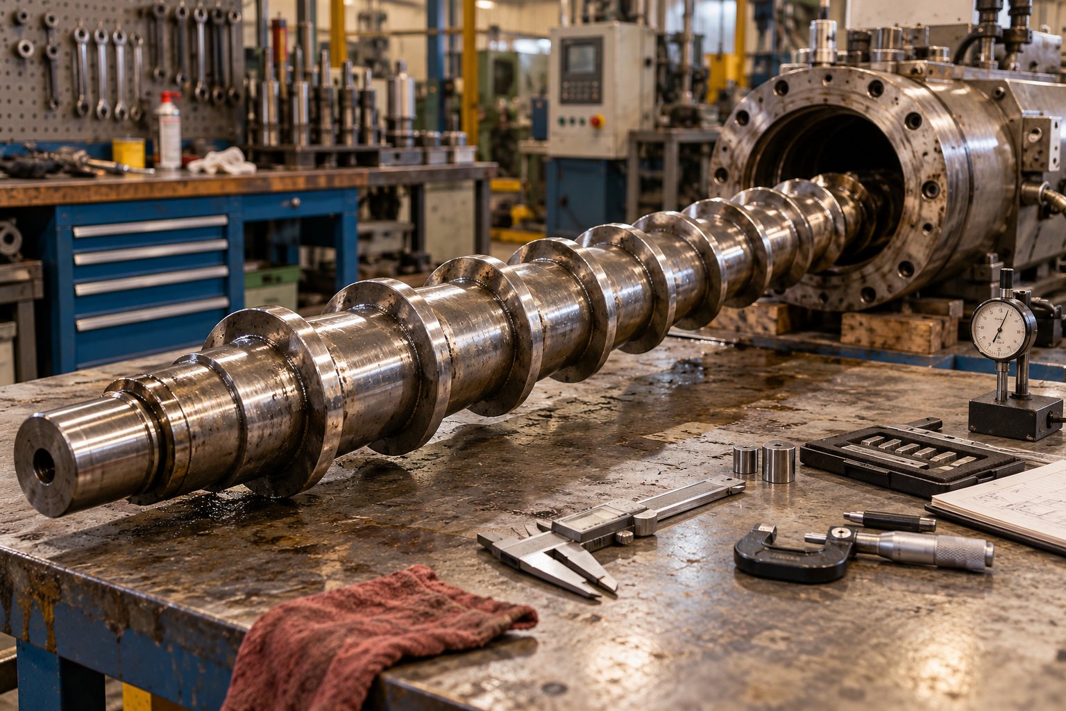 an extrusion screw during routine inspection where measuring flight dimensions against original specifications reveals hidden wear that impacts film quality
