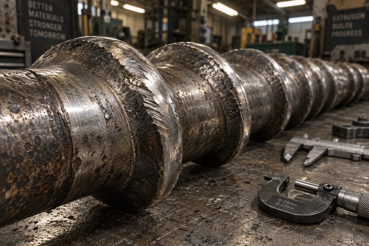 worn screw flights with visible erosion a common sign of abrasive wear that reduces conveying efficiency and melt quality