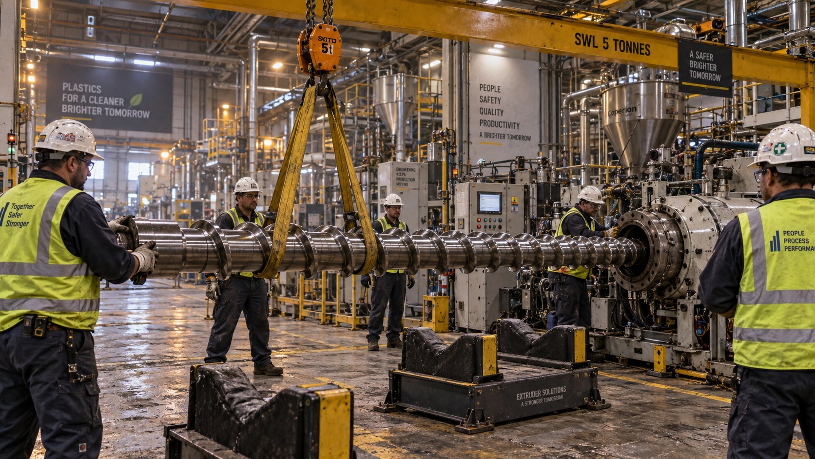 maintenance crew safely extracting an extruder screw using an overhead crane during a planned replacement