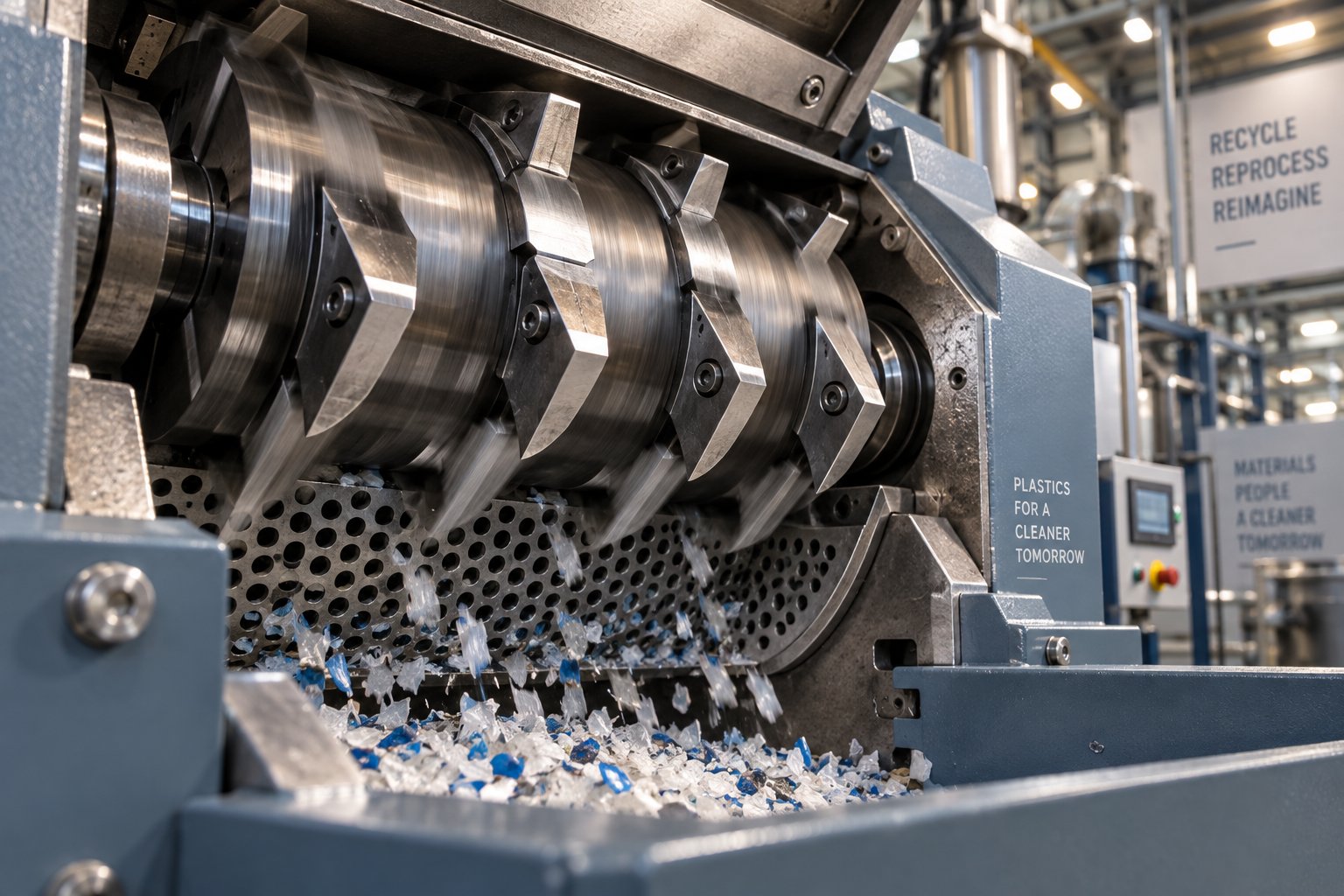 a plastic granulation machine cutting chamber showing rotary knives and sizing screen inside an industrial facility