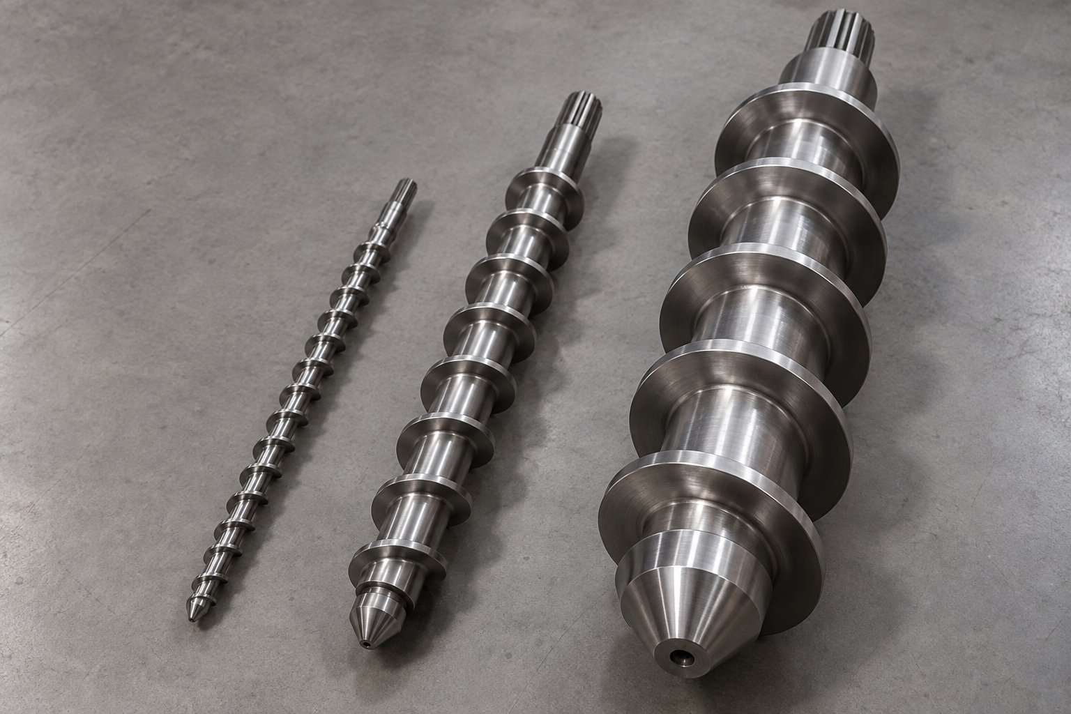 extruder screws across small mid range and large diameter categories showing the dramatic size progression that drives pricing tiers