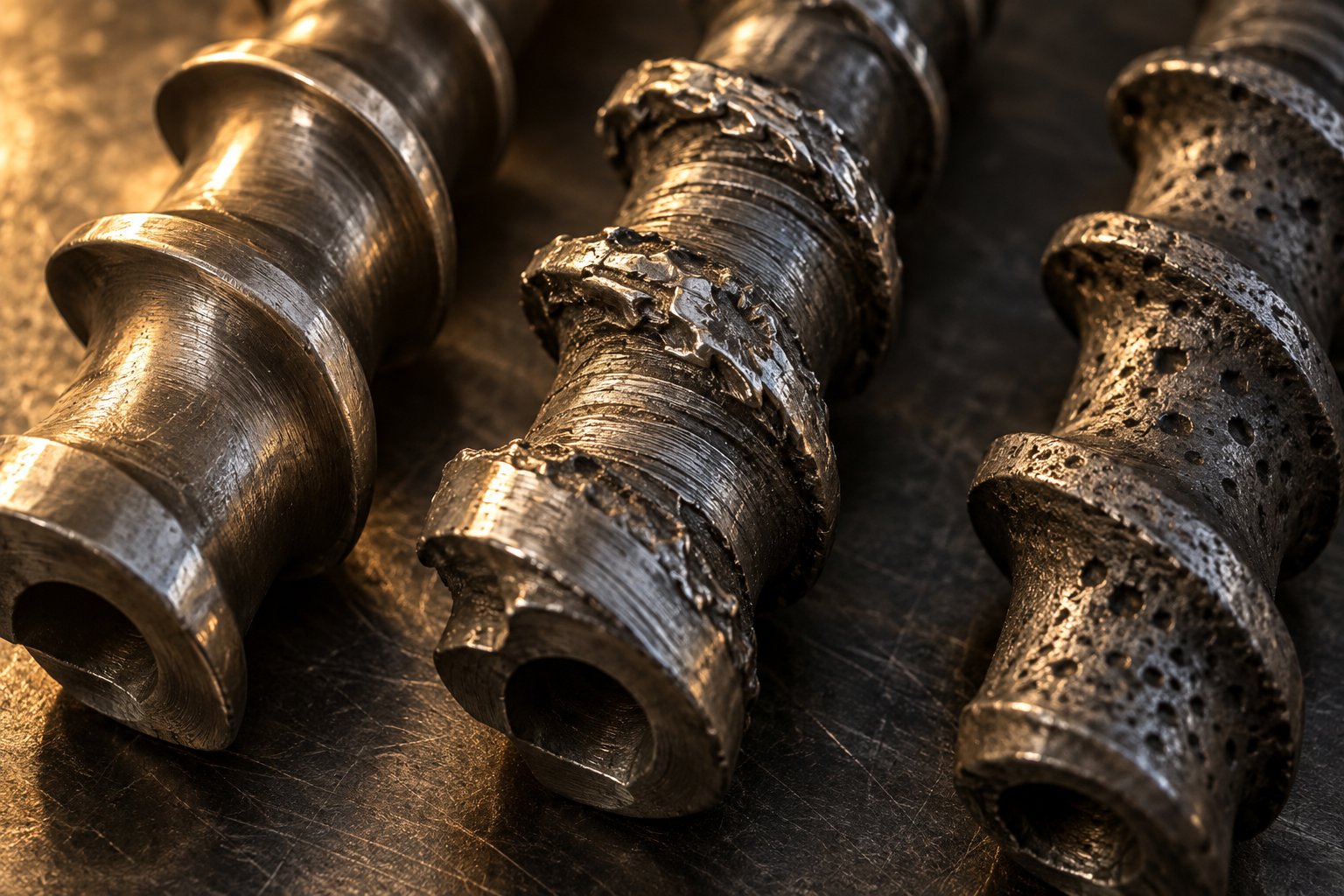 different extruder screw wear patterns indicating adhesive abrasive and corrosive damage mechanisms