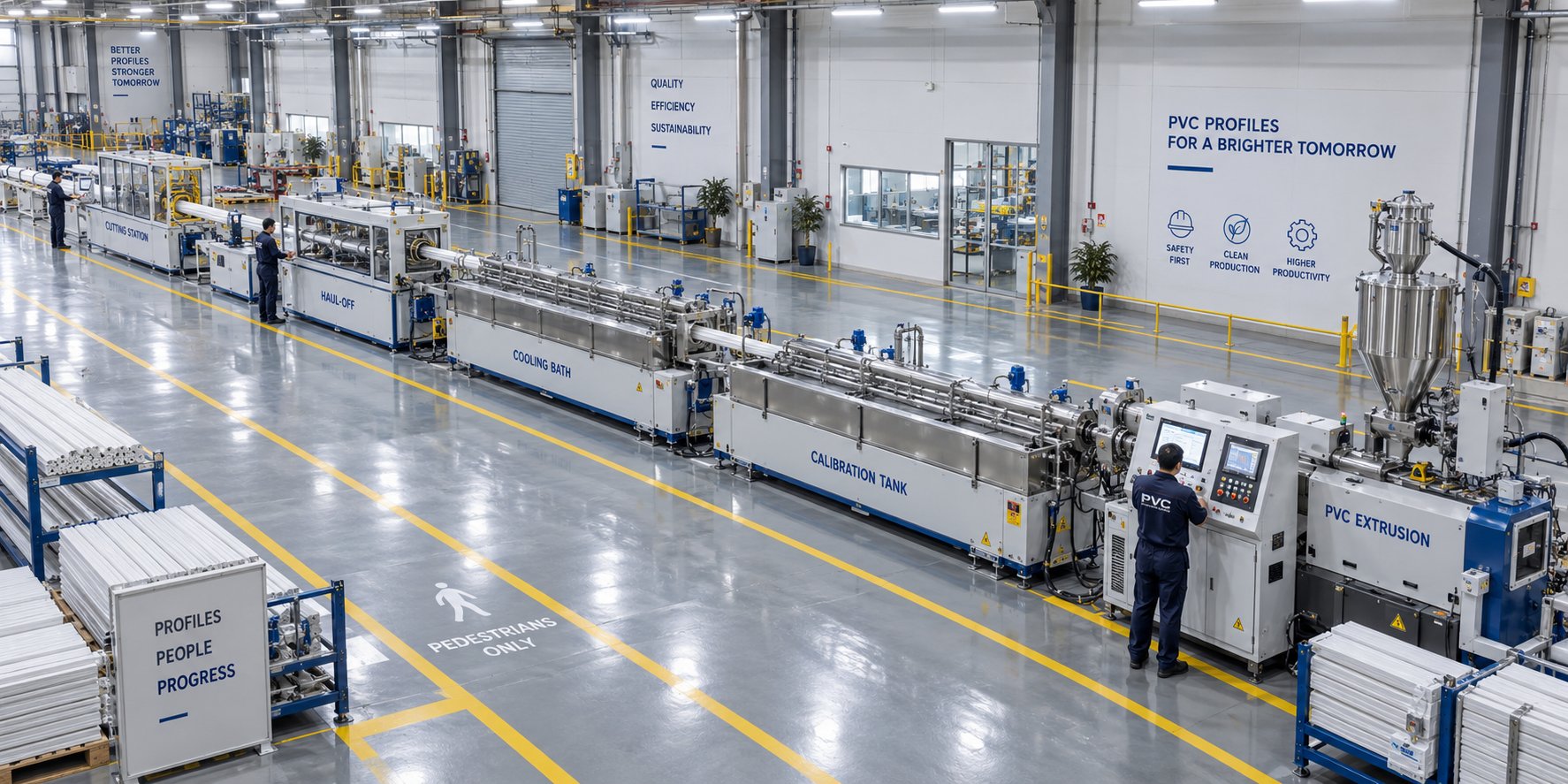 factory floor layout of a pvc profile extrusion line showing equipment arrangement and production flow