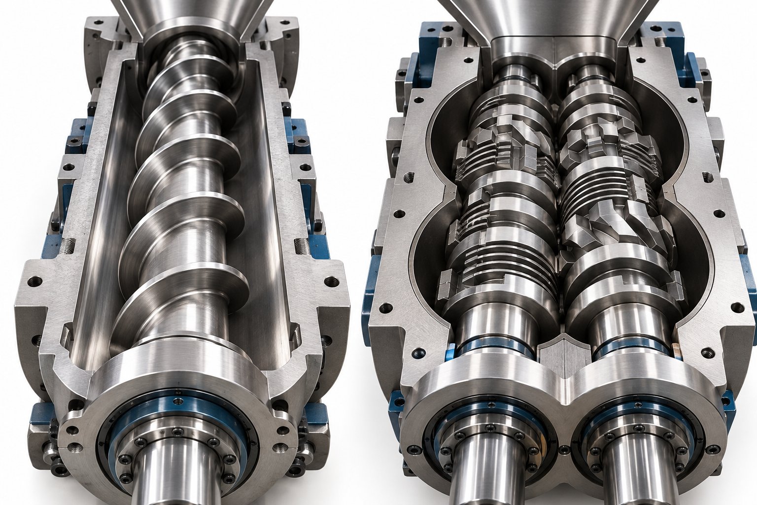 cutaway view comparing single screw and twin screw extruder designs used in pelletizing applications