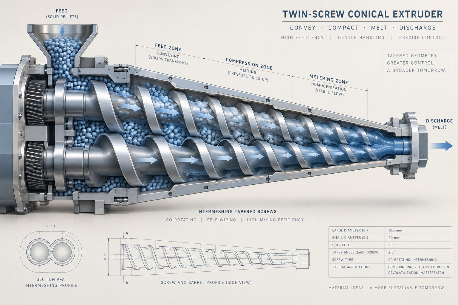 cutaway view of conical twin screws illustrating the tapered geometry from feed zone to discharge end
