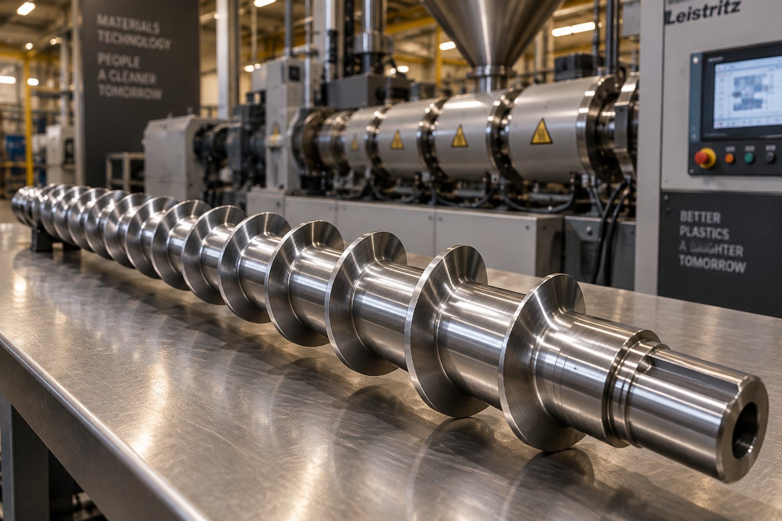 a precision machined extruder screw ready for installation showing the helical flight geometry critical to plastics processing performance
