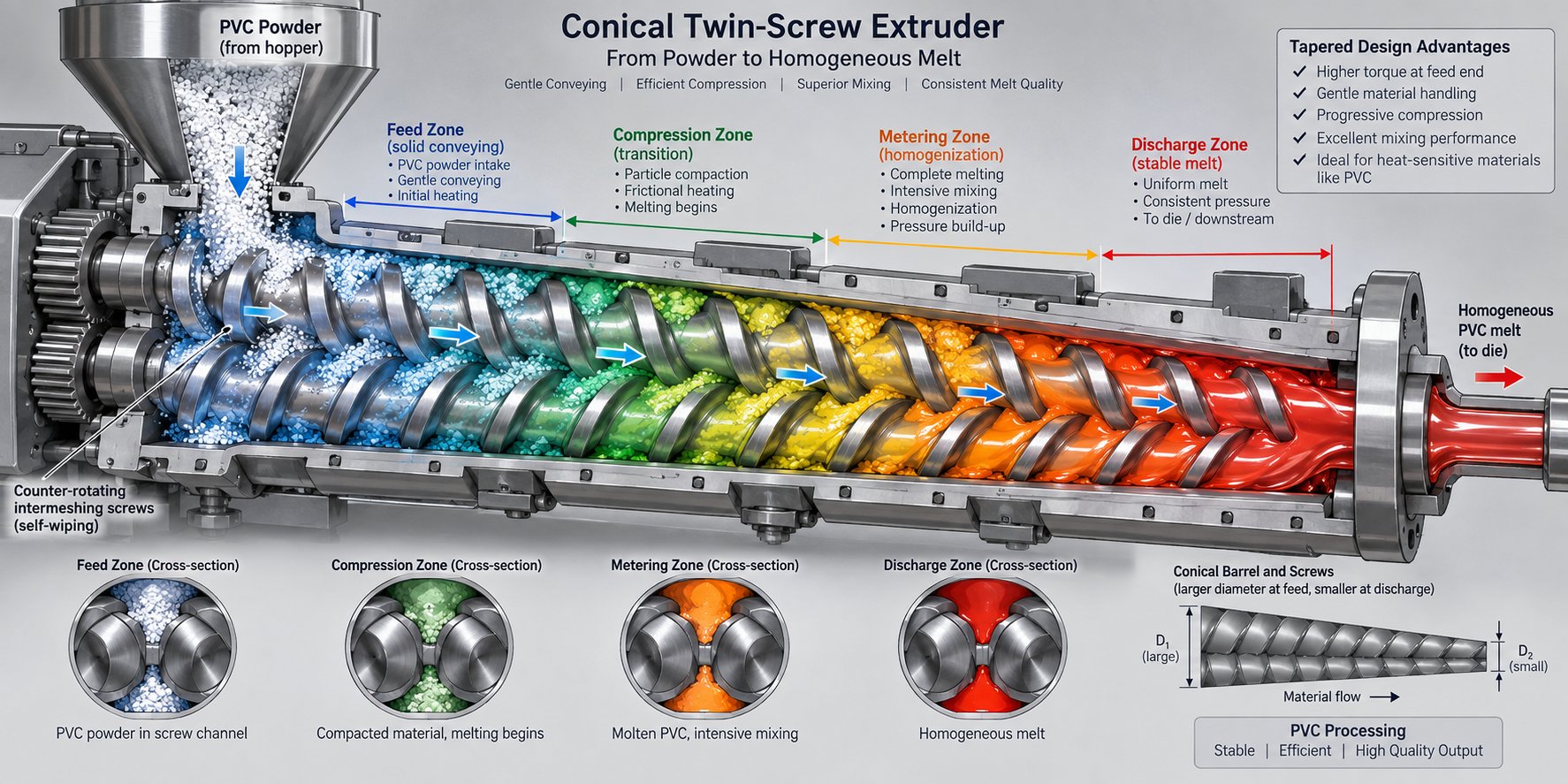 cross section view of pvc dry blend moving through an extruder barrel from feeding to plasticization