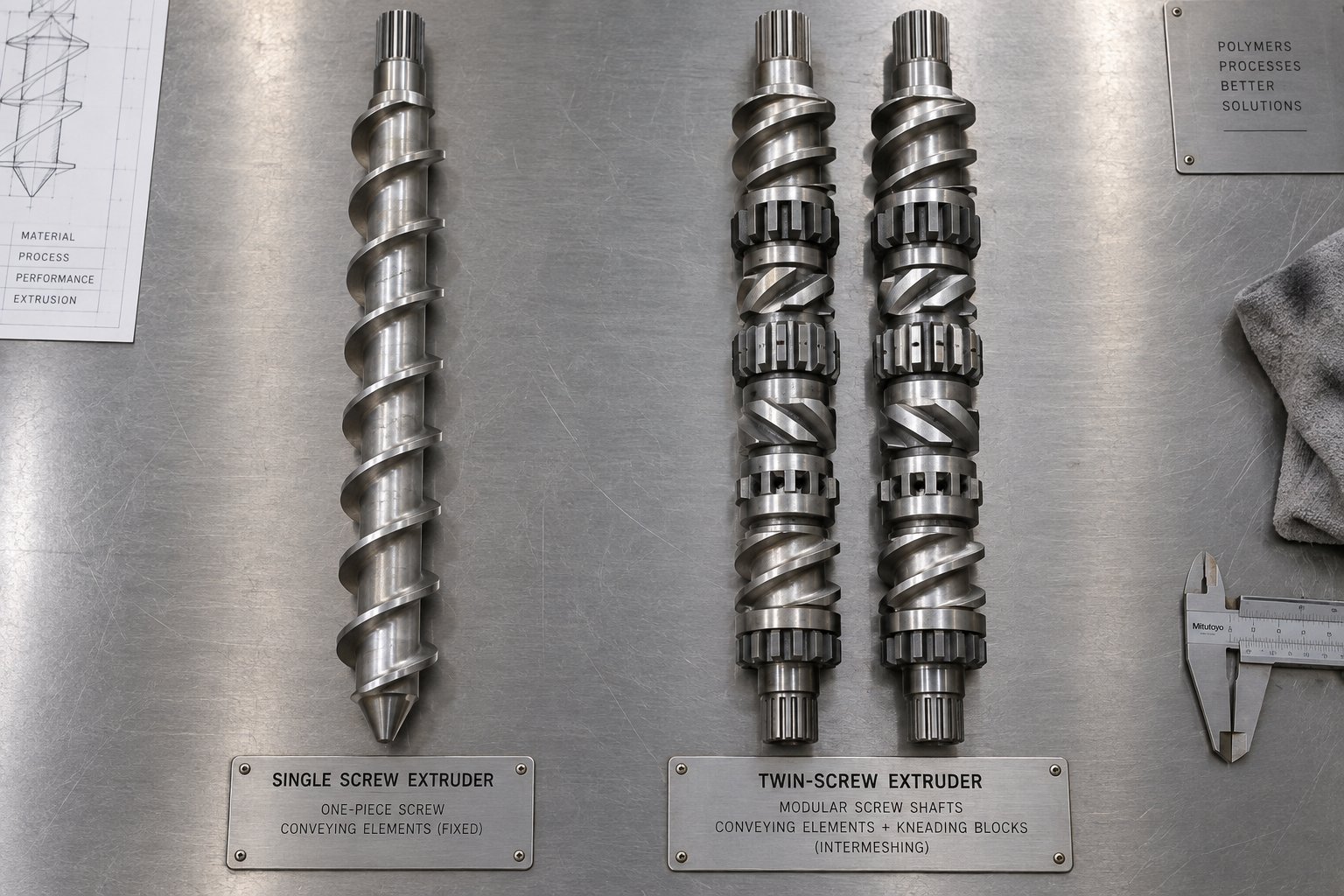 single screw versus segmented twin screw configurations showing the difference in component complexity