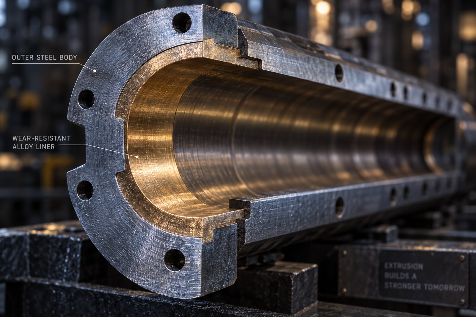 cross section of a bimetallic extruder barrel with wear resistant liner for filled pp compounds