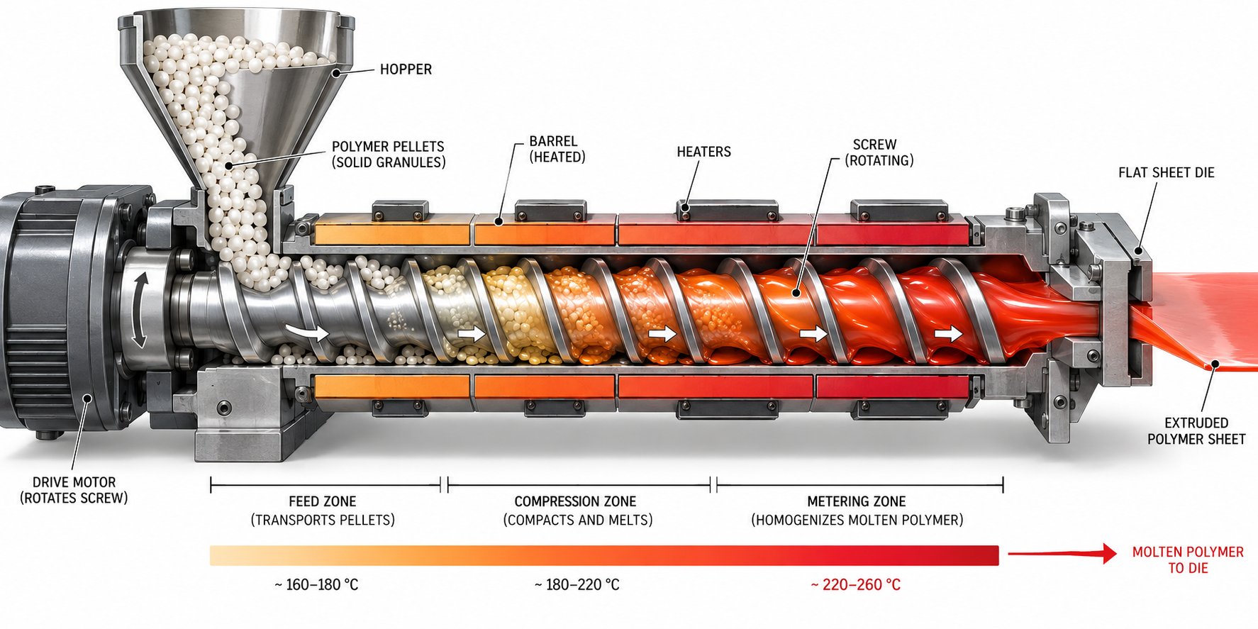 cross section view of pet resin melting inside an extruder barrel as it moves from feed zone to flat die