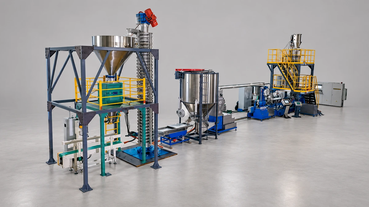 Compounding and pelletizing line with blue frame, yellow access platform and feed hopper