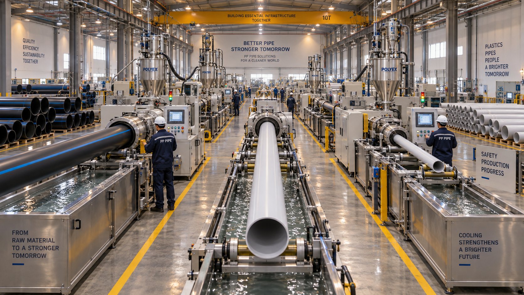 multiple pp pipe extrusion lines operating in a modern factory each configured for different pipe diameter ranges and applications