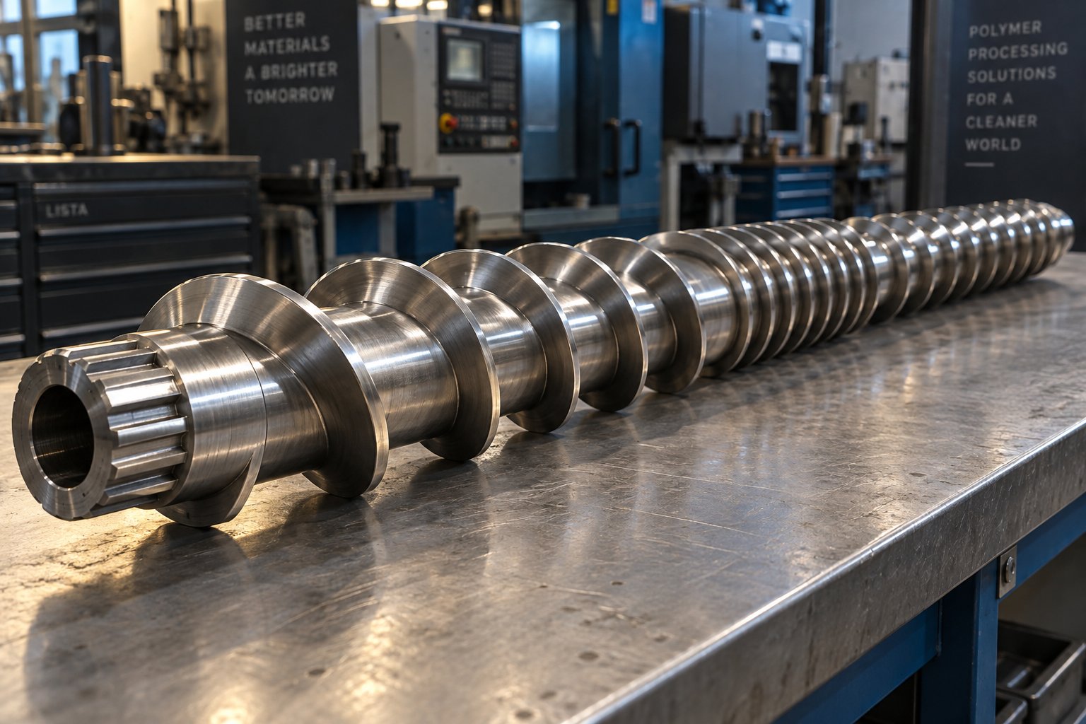 polished single screw extruder showing varying channel depths across feed compression and metering zones
