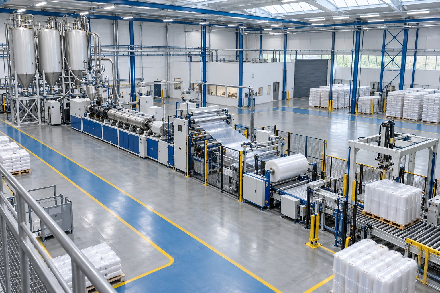 overhead view of a full scale extrusion line in a modern production facility