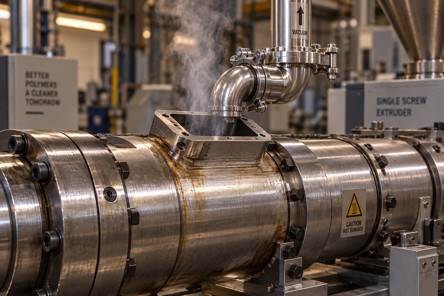 a vented barrel section on a recycling extruder allows trapped moisture and volatiles to escape through the vent port