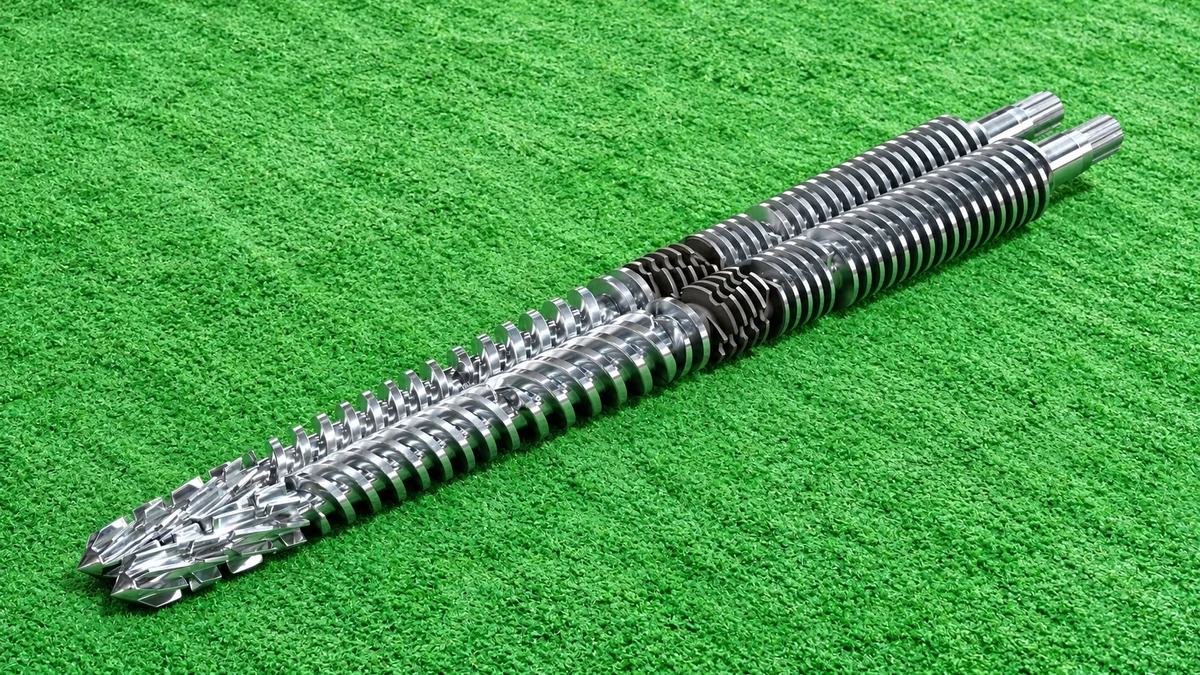 Full-length pair of conical extruder screws arranged diagonally on a green mat.