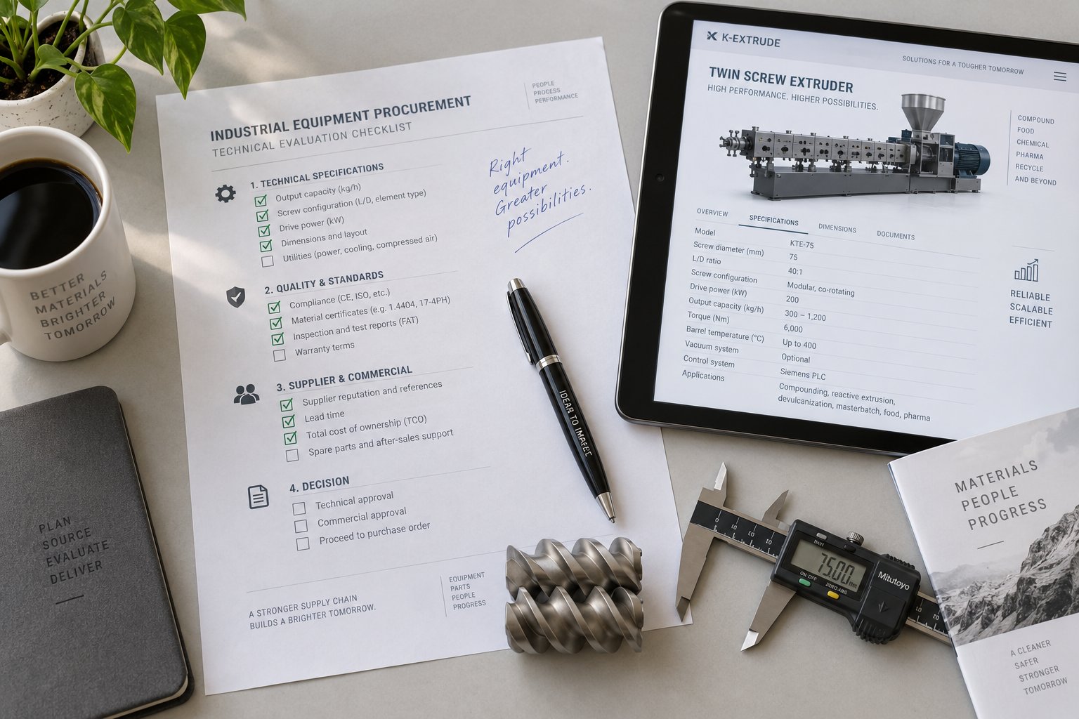 structured manufacturer evaluation workspace with checklist and twin screw component samples