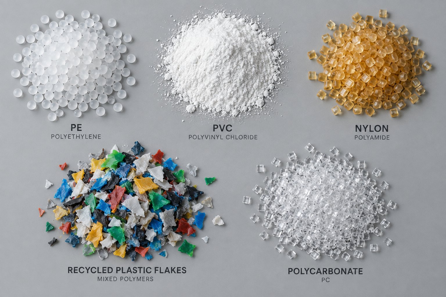 various polymer feedstocks including pe pellets pvc powder nylon granules and recycled plastic flakes used in single screw extrusion