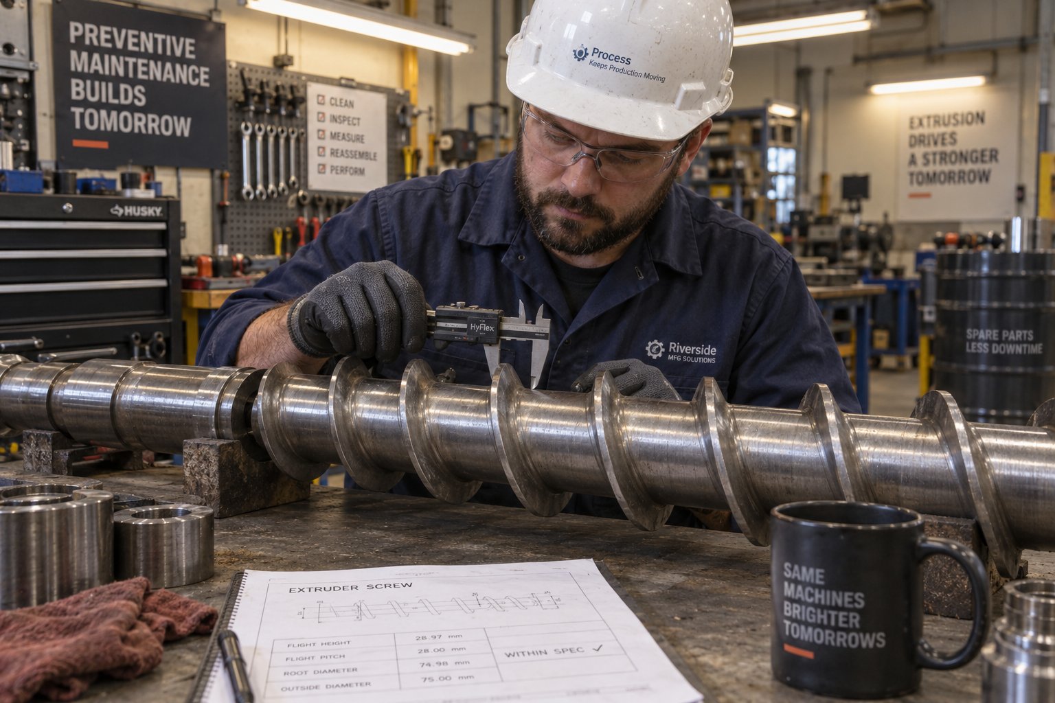 technician measuring extruder screw wear during scheduled preventive maintenance inspection
