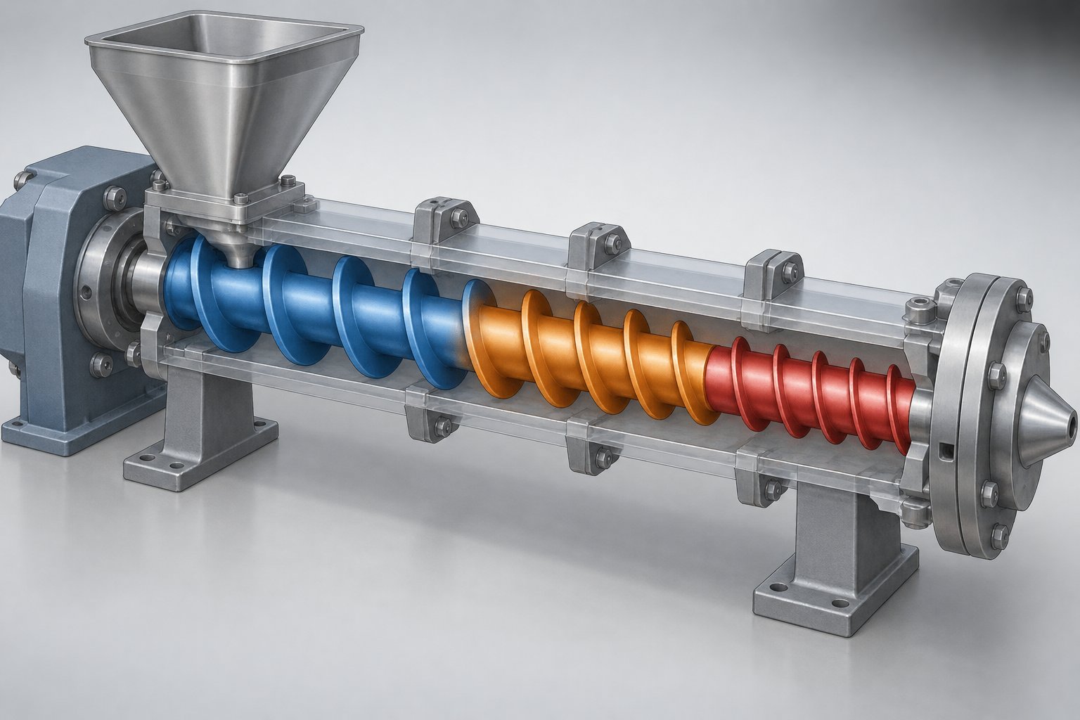 cutaway view of a three zone single screw extruder showing the feed compression and metering sections along the barrel