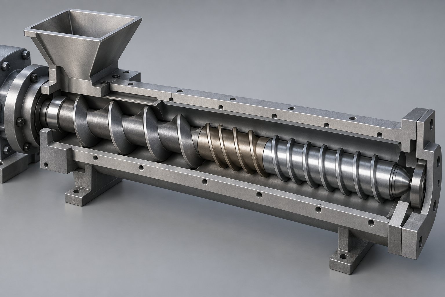 cutaway view of a single screw extruder barrel showing distinct feed compression and metering zones