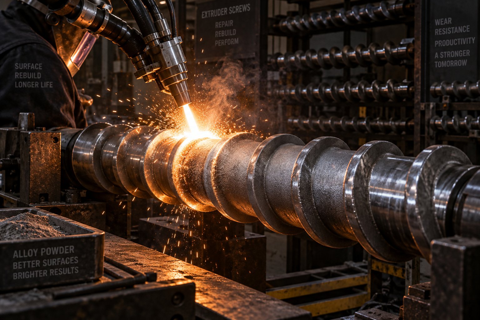 alloy spray welding process rebuilding worn screw flight surfaces with hard wear resistant coating