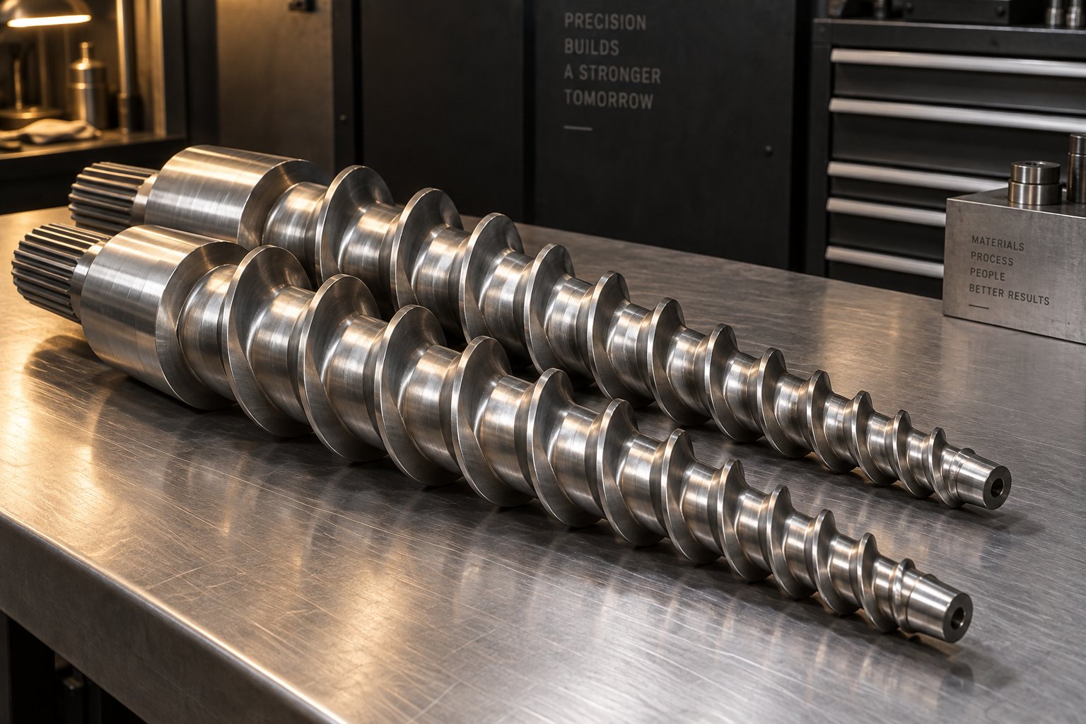 conical twin screws showing the tapered geometry that provides gradual compression suited to pvc thermal sensitivity