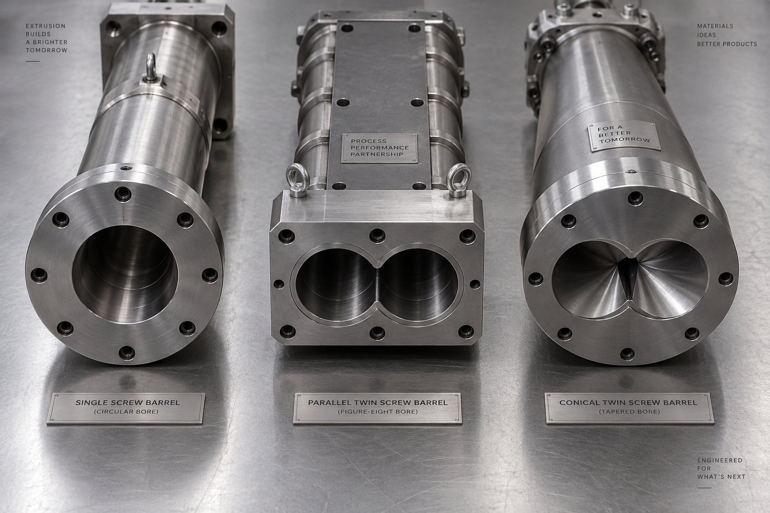 single screw parallel twin screw and conical twin screw barrels differ in bore geometry manufacturing complexity and price tier