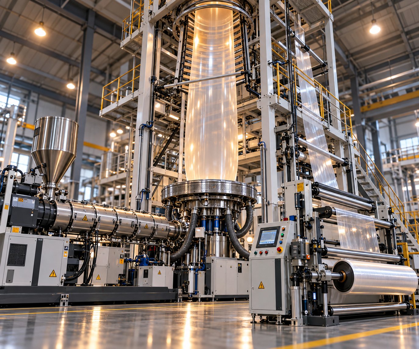 a modern blown film extrusion line producing continuous polymer film in an industrial facility
