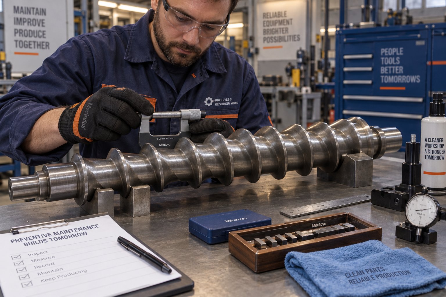 technician measuring conical screw flight diameter during a scheduled pull and measure inspection