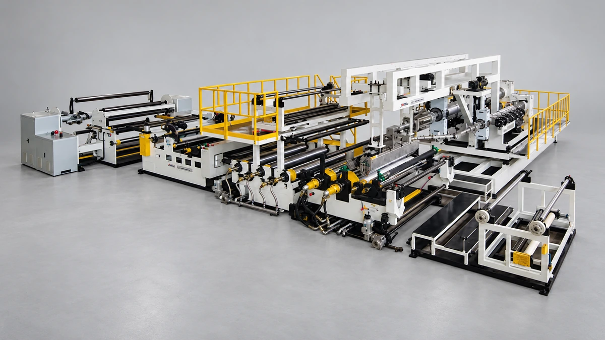 Cast-film equipment line with white frames, black rollers and yellow-railed access platforms