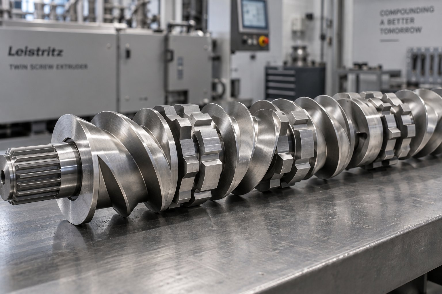 modular twin screw extruder screw elements assembled on a splined shaft showing conveying segments and kneading blocks