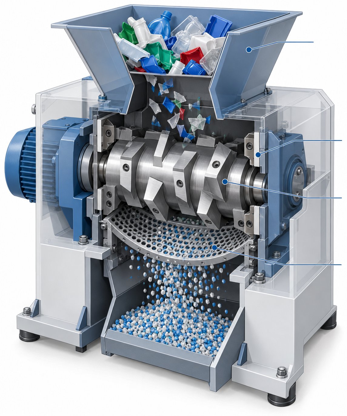 cross section view of a plastic granulator showing the feed hopper rotor knives bed knives and perforated sizing screen
